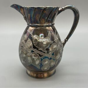 Antique Silver Creamer Britannia Company Bird Foliage Etched